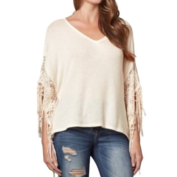 Hollister (OS) Cream Lace Tassel Fringe Sleeve Loose Fit Knit Poncho Top - Picture 4 of 12
